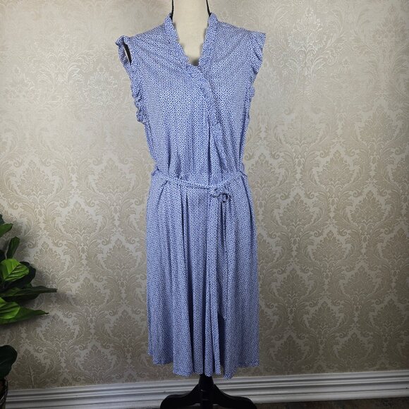 Boden Size 16/18L Blue White Patterned Wrap Dress Ruffle Trim Vneck Belt - Picture 1 of 13